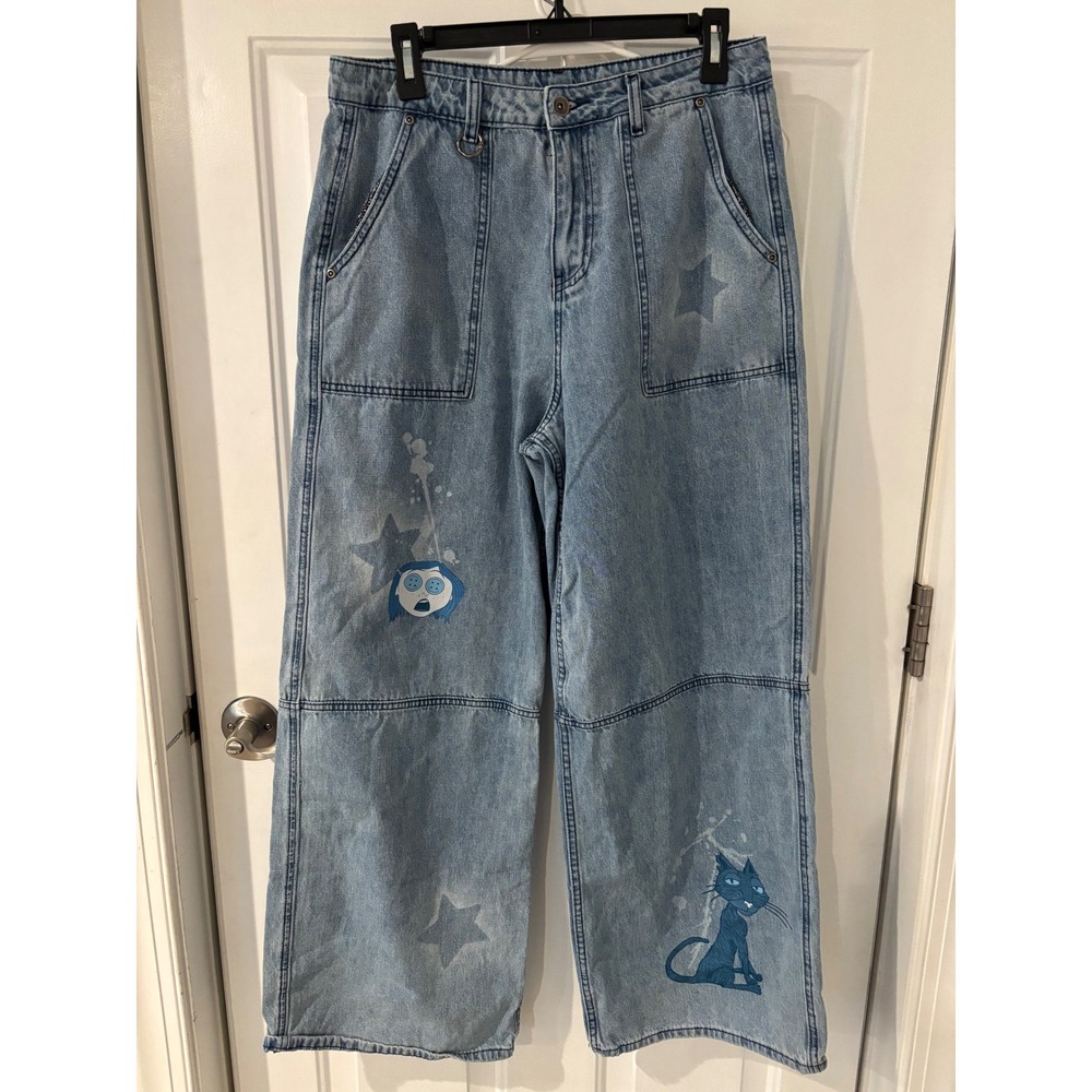 Denim Jeans Coraline Cat Star Print‎ Wide Leg Light Wash Pants Size 11